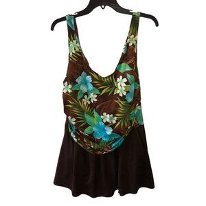 White Stag Size 22 W Brown Tropical Floral One Piece Tank Swim Dress Swimsuit